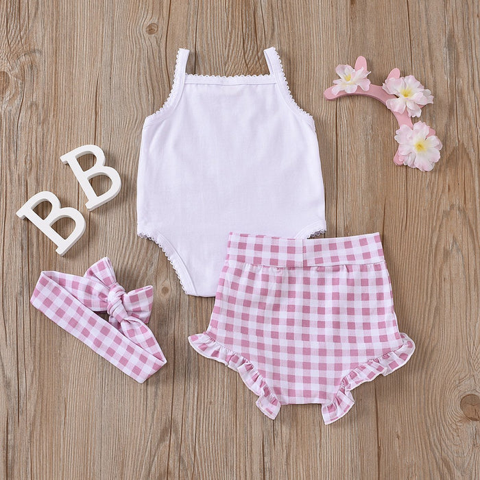 Girls' suspender plaid shorts three piece set