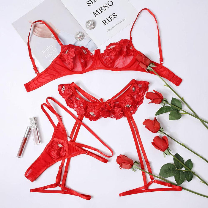 Fashion Ladies Classic Embroidered Underwear Three Piece Set