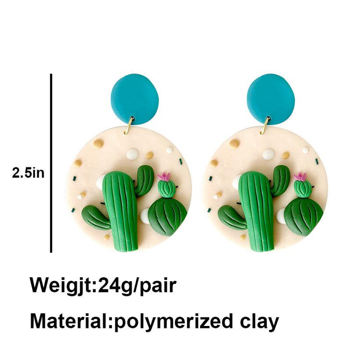 Creative Cactus Soft Pottery Geometric Circular Earrings Jewelry