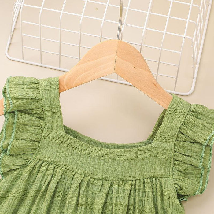 Girls' skirt Avocado Green Square Neck fly sleeve pleated skirt