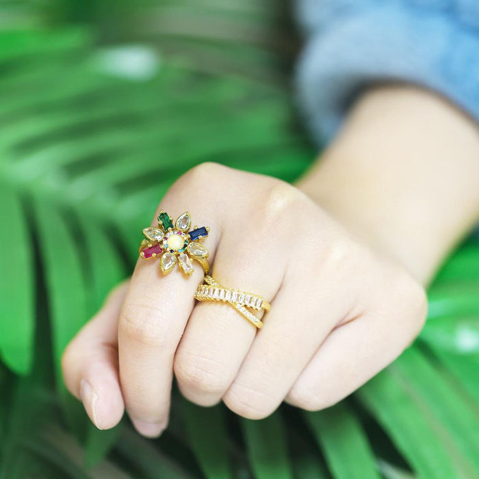 Personalized Colorful Zircon Flower Ring with Adjustable Opening