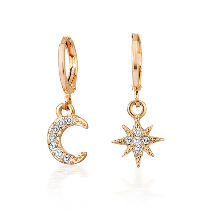 Diamond star and moon asymmetric earrings