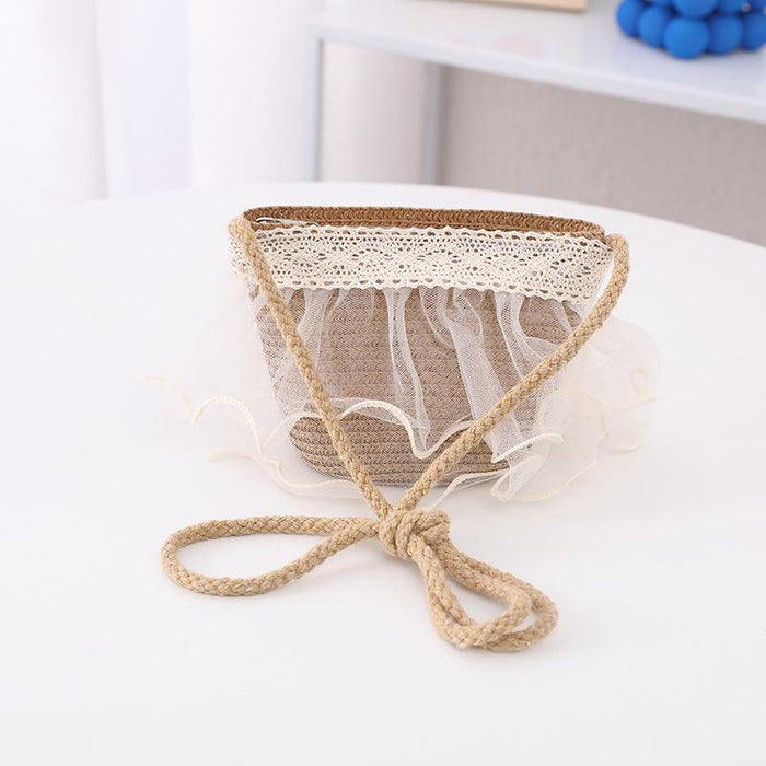 Summer Children's Lace Bow Grass Bucket Hat Bag Set