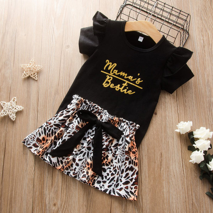 Letter short sleeve top leopard skirt