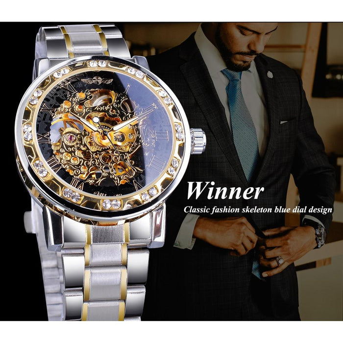 Winner Watch Men's Fashion Casual Hollow Rhinestone Manual Mechanical Watch