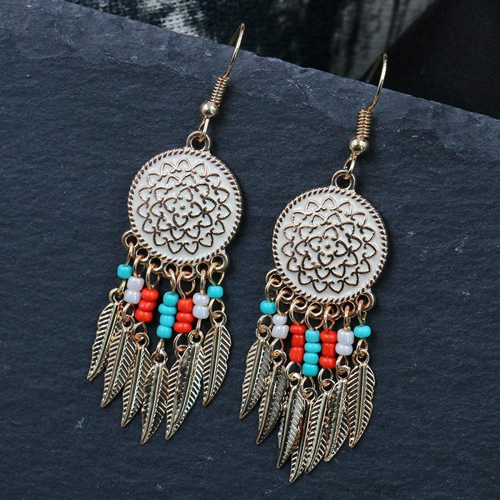 New Alloy Disc Carved Rose Long Rice Bead Leaf Earrings