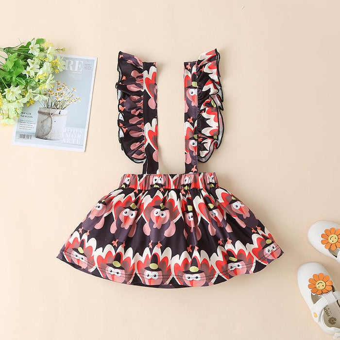 Printed solid color fly sleeve infant top Turkey flower skirt three piece set