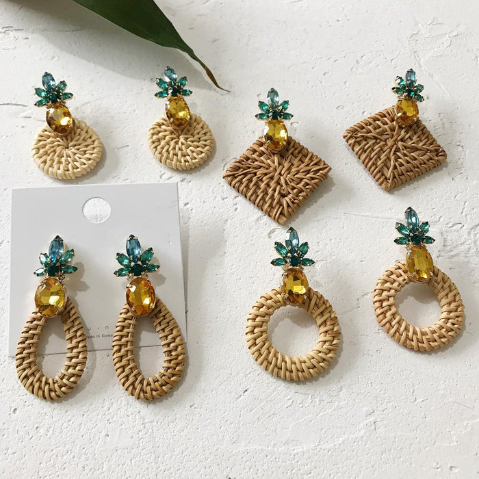 Geometric Round Rhinestone Fruit Pineapple Rattan Earrings