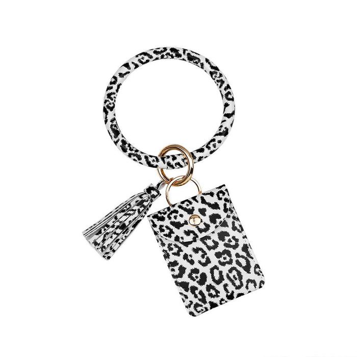 Bracelet Keychain Leopard PU Leather Fringe Card Wallet Wrist Key Chain