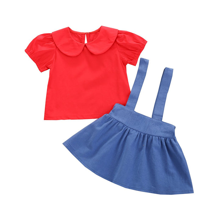 Solid color Short Sleeve Ruffle collar top denim strap skirt