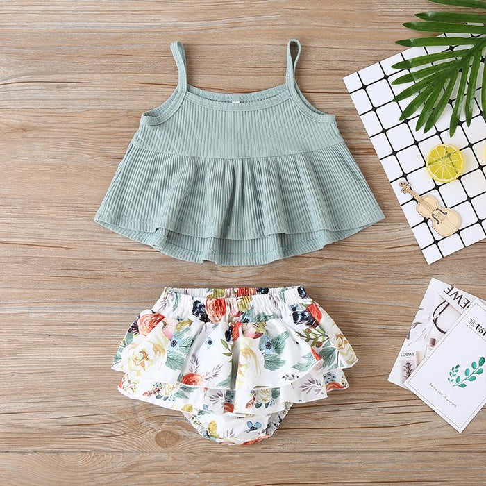 Suspender top printed fashion triangle shorts two-piece set