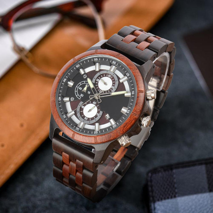 New Men's Business Multifunctional Luminous Large Dial Wooden Quartz Watch