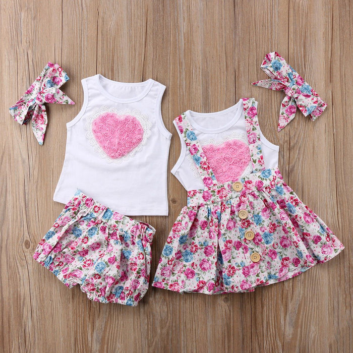 Love floral splicing Vest + floral suspender skirt + 3-piece set of hair accessories