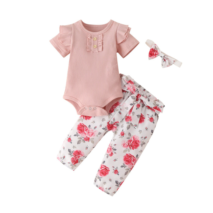 Children's wear solid color pit strip ha clothes broken flower pants three piece set