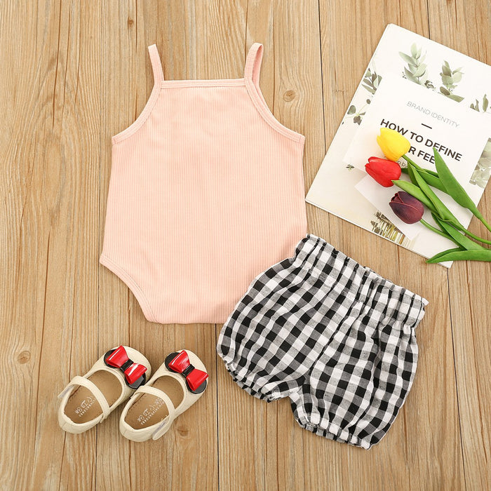 Girls' suit solid color suspender square check shorts two-piece set