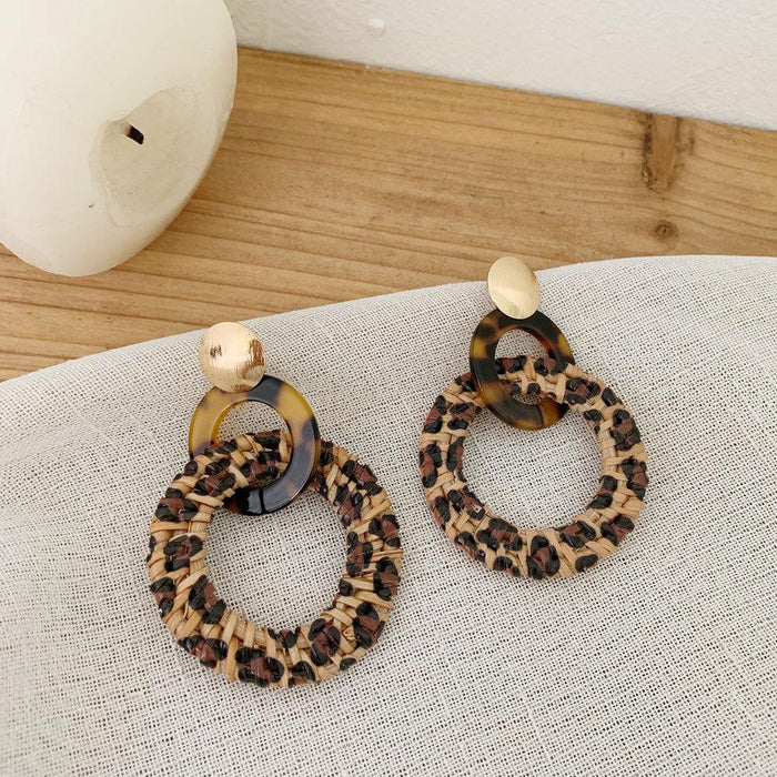 colourful Leopard Print Fashion Hand Woven Exaggerated Rattan Earrings Jewelry