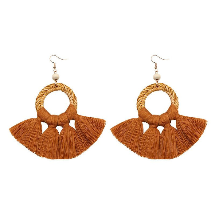 Bohemian Cotton Thread Tassel Handmade Rattan Woven Earrings