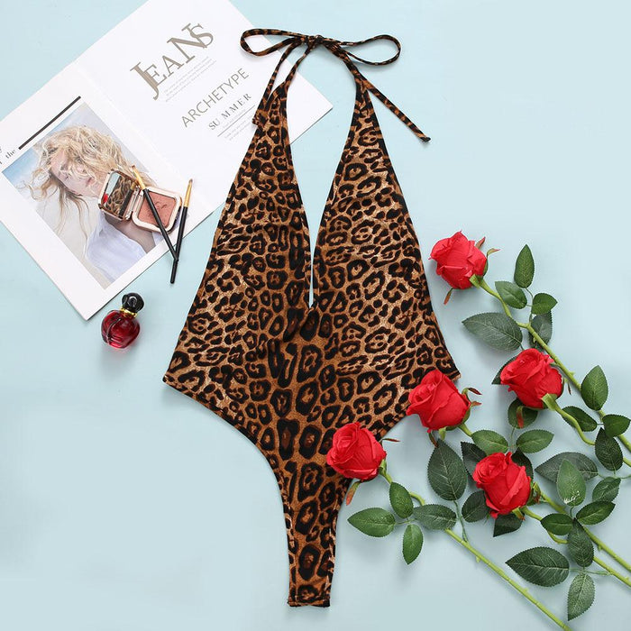 Women's Leopard Print Backless Lingerie Sexy Halter Bodysuit