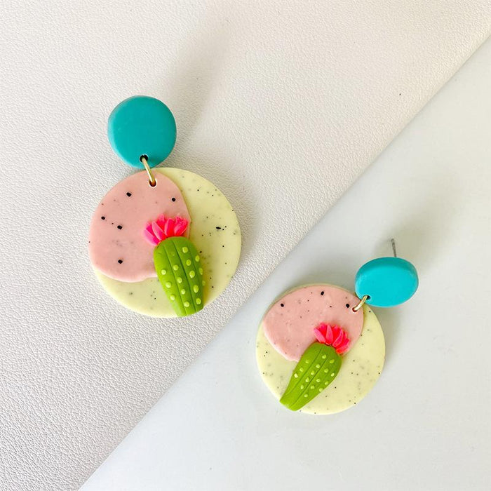 Creative Cactus Soft Pottery Geometric Circular Earrings Jewelry