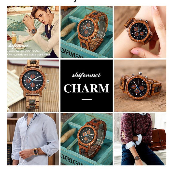 Men's Sports Multifunctional Wood Business Quartz Watch