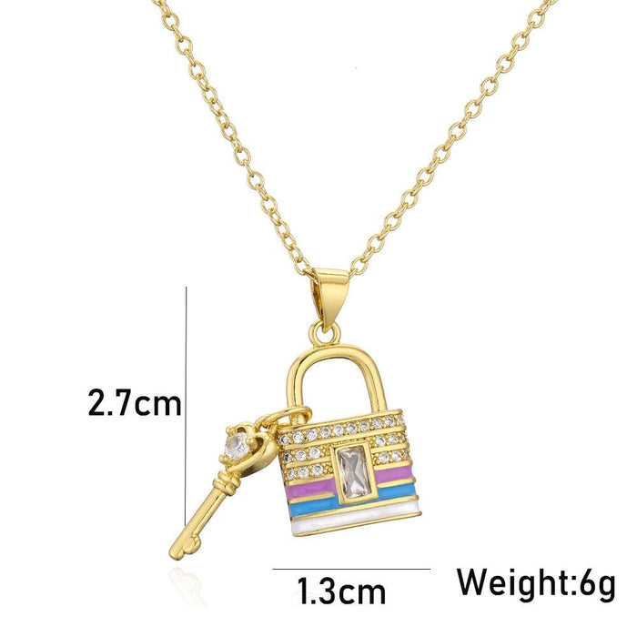 Drip Oil Zircon Key Lock Pendant Gold Color Necklace