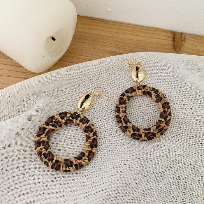 colourful Leopard Print Fashion Hand Woven Exaggerated Rattan Earrings Jewelry