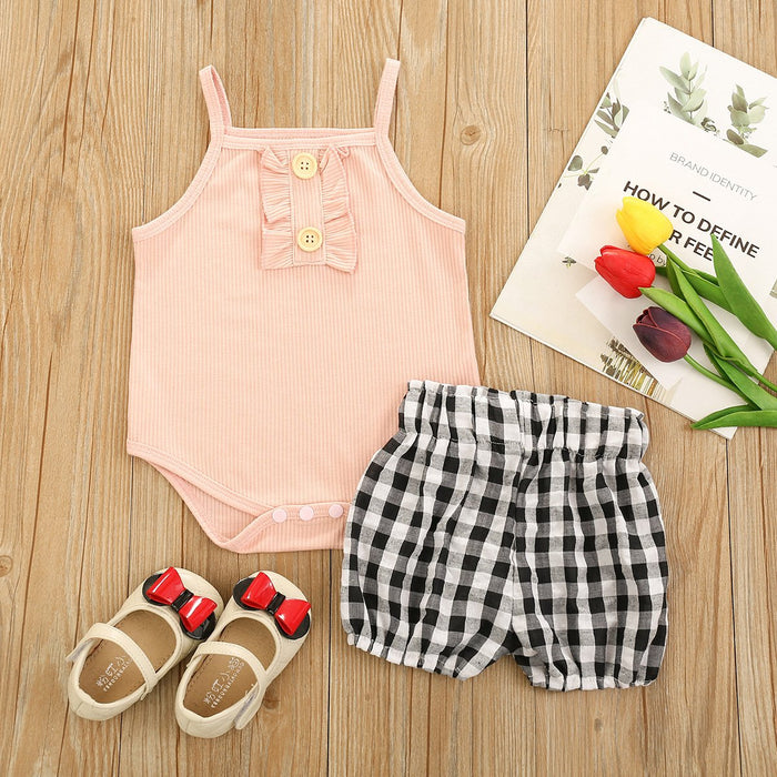 Girls' suit solid color suspender square check shorts two-piece set