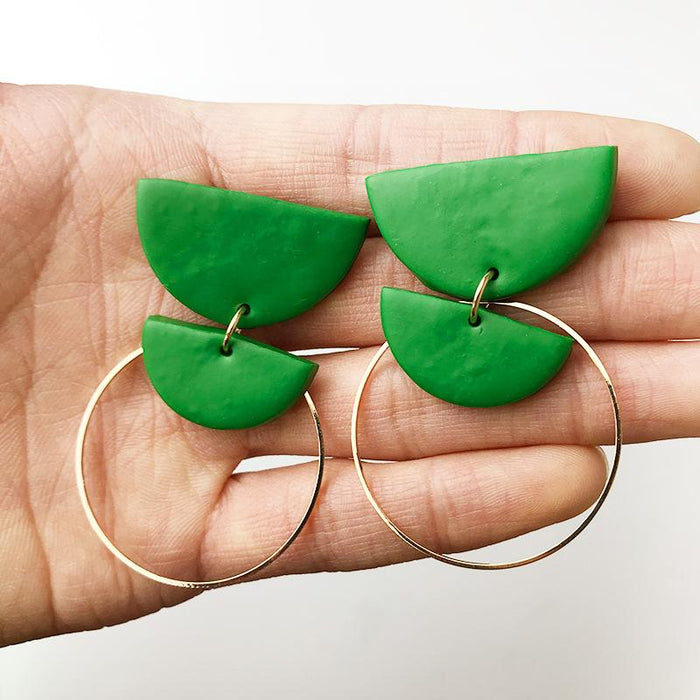 Metal Geometric Handmade Soft Pottery Half Moon Earrings