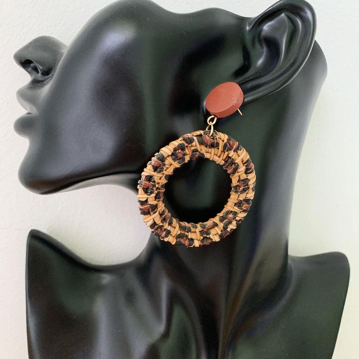 colourful Leopard Print Fashion Hand Woven Exaggerated Rattan Earrings Jewelry