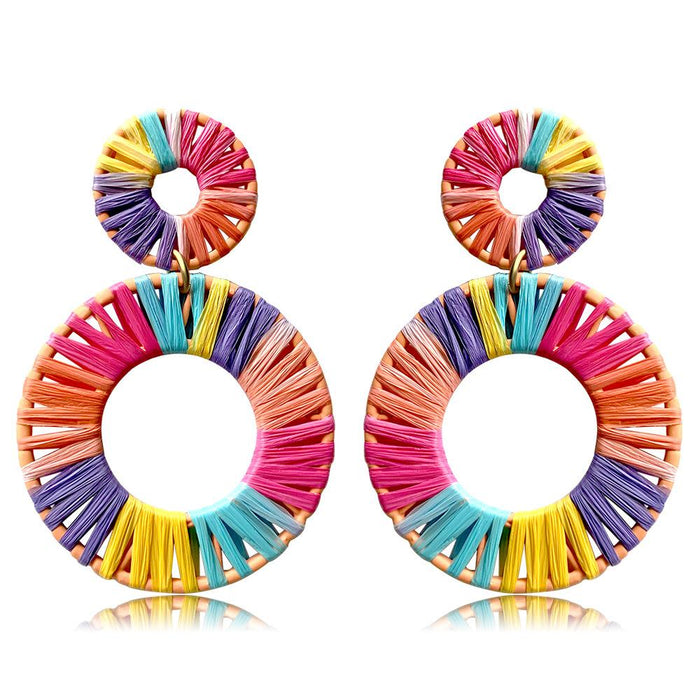 colourful Lafite Woven Geometric Double Round Earrings Jewelry