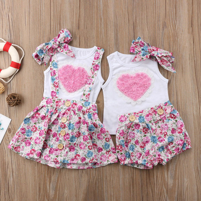 Love floral splicing Vest + floral suspender skirt + 3-piece set of hair accessories