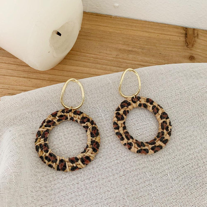 colourful Leopard Print Fashion Hand Woven Exaggerated Rattan Earrings Jewelry