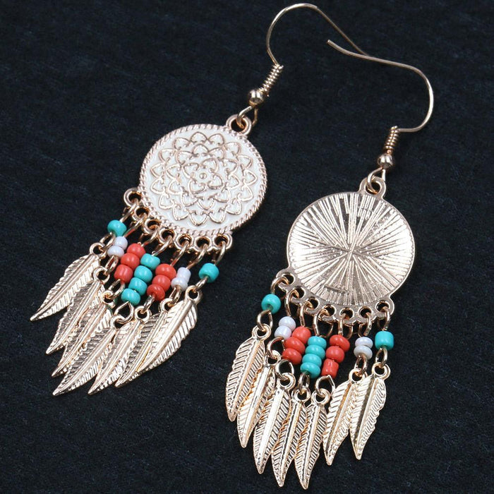 New Alloy Disc Carved Rose Long Rice Bead Leaf Earrings