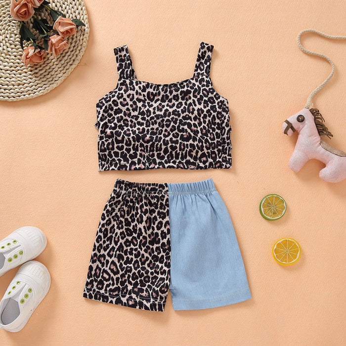 Leopard suspender top with patchwork shorts two piece set