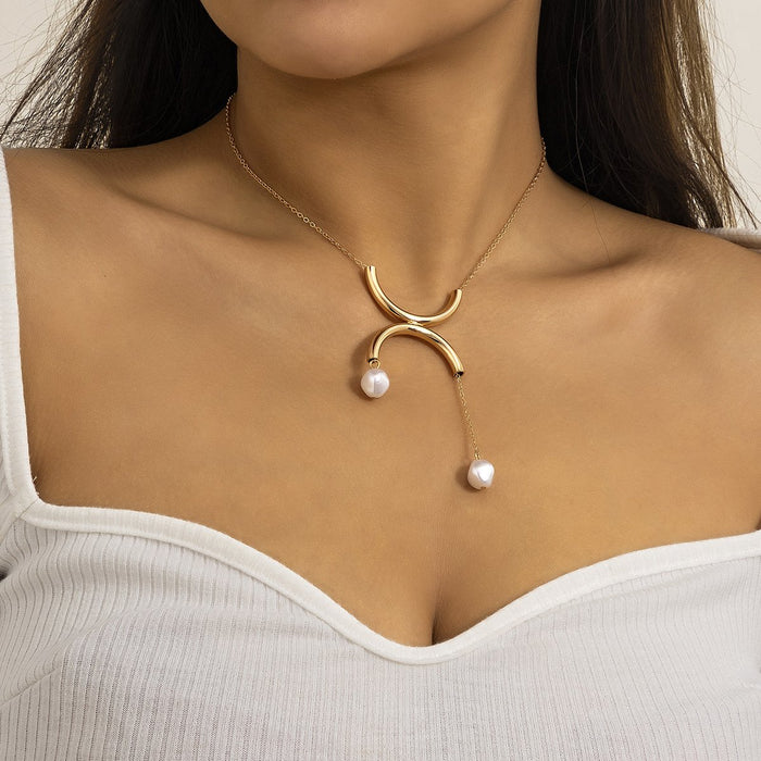 Geometric Semicircle Double Ring Imitation Pearl Tassel Pendant Clavicle Chain