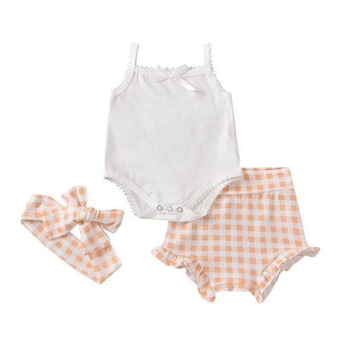 Girls' suspender plaid shorts three piece set