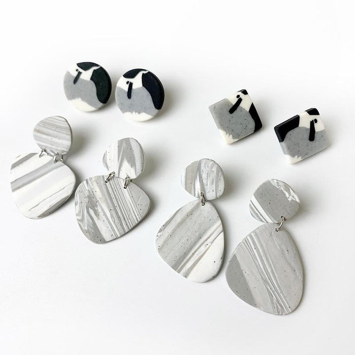 Geometric Soft Ceramic Gray Black Round Square Earrings