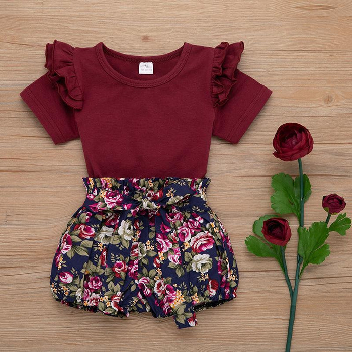 Burgundy triangle Khaki flower broken flower shorts