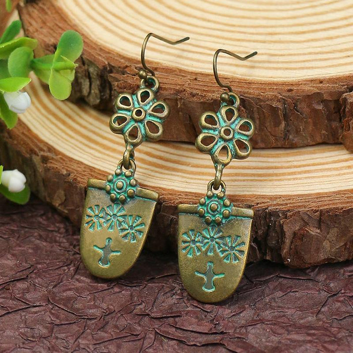 Retro geometric alloy national bronze Flower Leaf Earrings