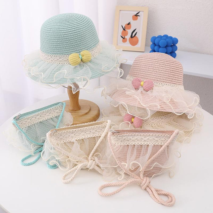 Summer Children's Lace Bow Grass Bucket Hat Bag Set