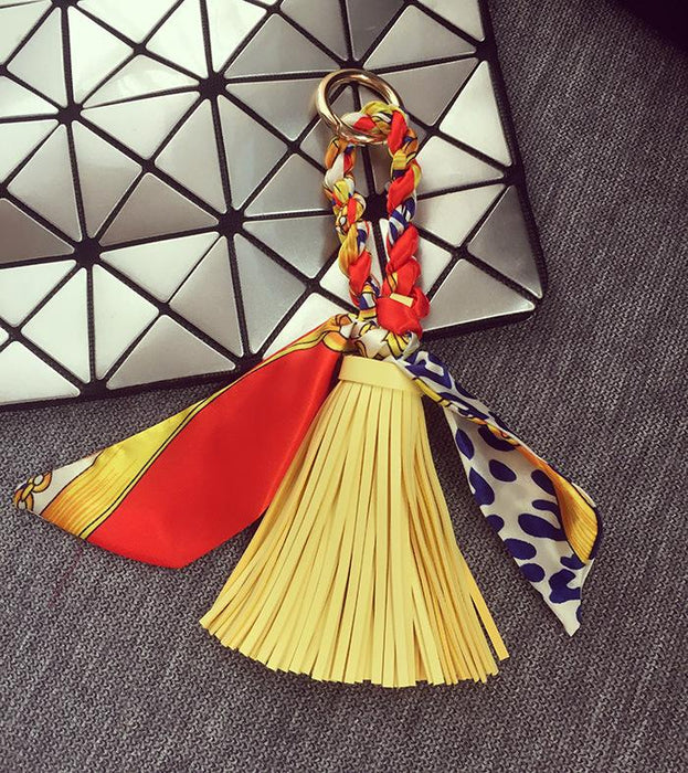 Leather Silk Scarf Tassel Bag Pendant Keychain