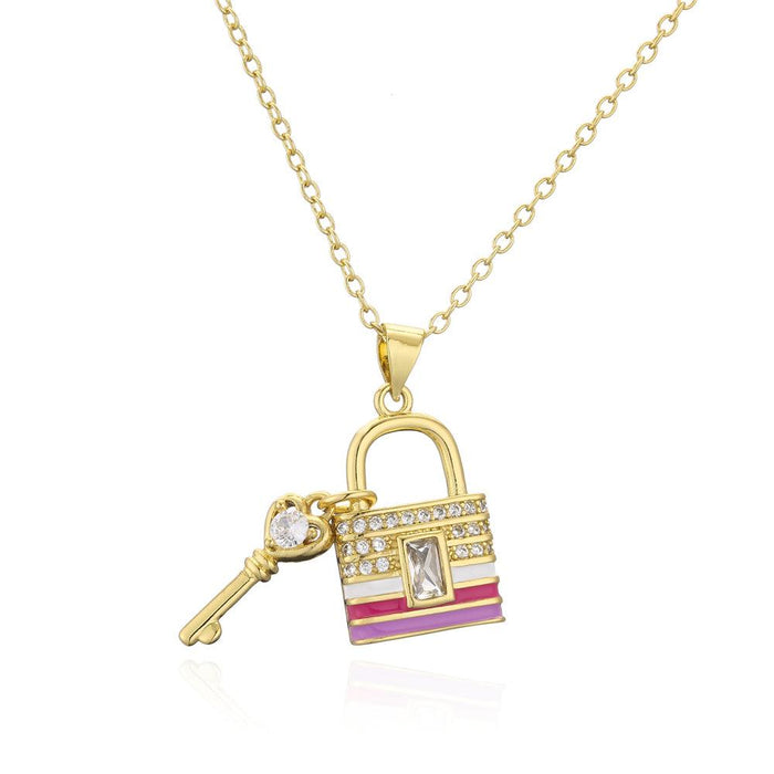 Drip Oil Zircon Key Lock Pendant Gold Color Necklace