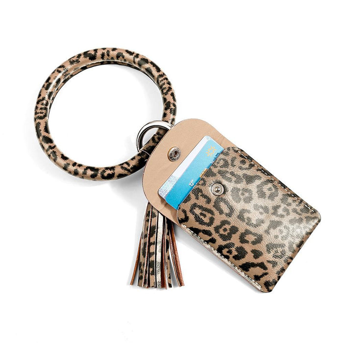 Bracelet Keychain Leopard PU Leather Fringe Card Wallet Wrist Key Chain