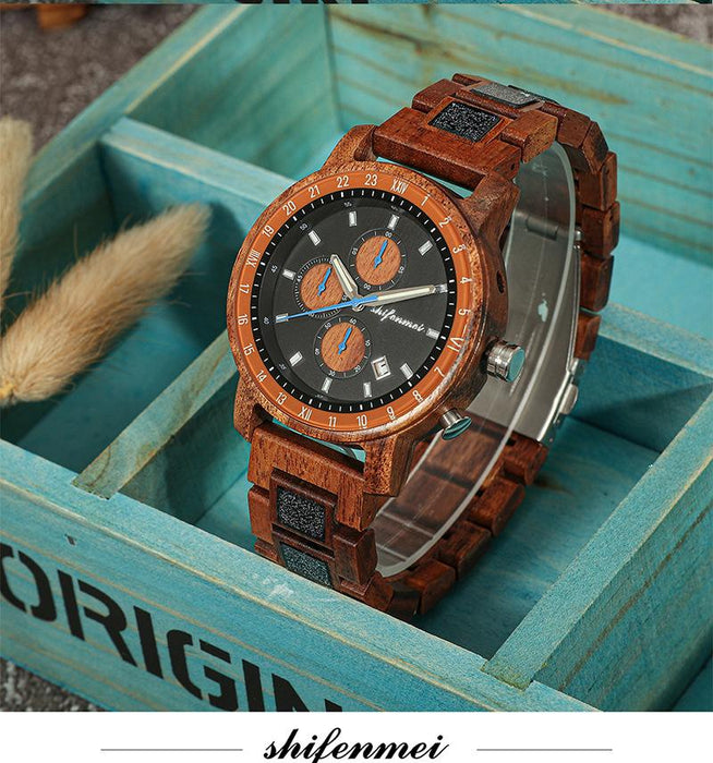 Men's Sports Multifunctional Wood Business Quartz Watch