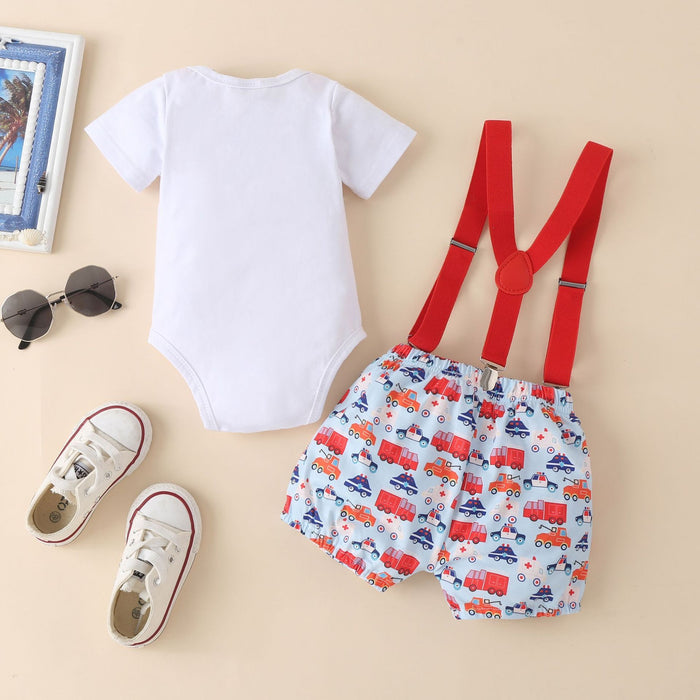 Short sleeve strap cartoon car shorts two piece set