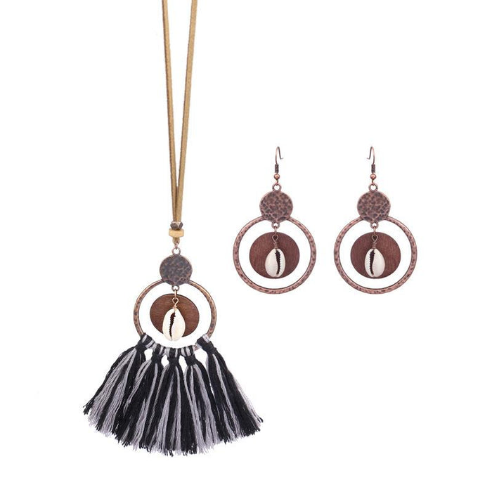 Fashion Exaggerated Geometric Hollowed Tassel Pendant Necklace Earrings Set