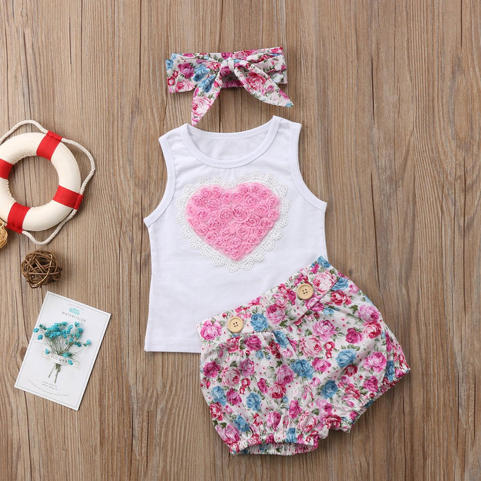 Love floral splicing Vest + floral suspender skirt + 3-piece set of hair accessories