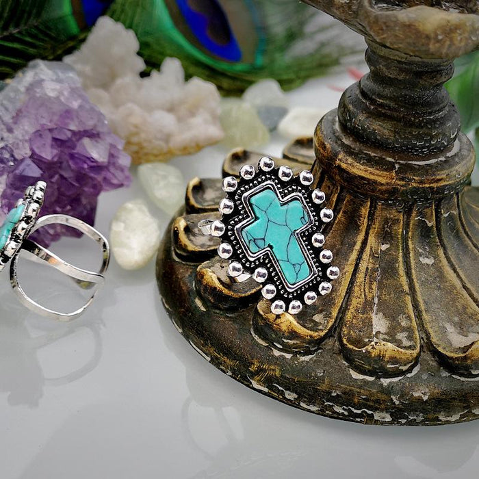 Vintage Exaggerated Cross Turquoise Ring