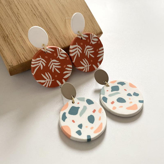 Handmade soft pottery Earrings art hand-painted patterns turtle back leaves palm leaves spring new earrings modern style jewelry