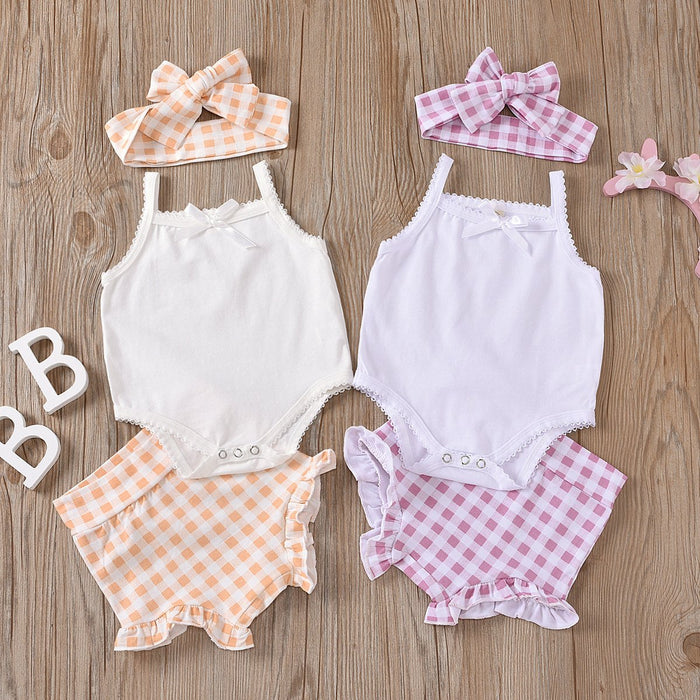 Girls' suspender plaid shorts three piece set